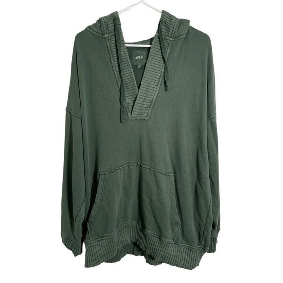 aerie Tops - Aerie Women's Large Green Mineral Wash Pullover V-Neck Hoodie Sweatshirt Terry